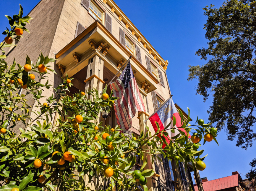 Orange Tree with Gastonian Inn in Victorian District Savannah Georgia 1